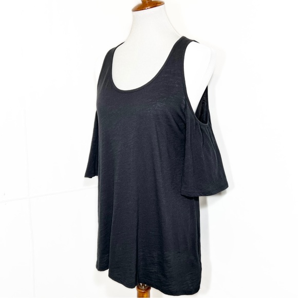 Anthropologie Black Cold Shoulder Relaxed Fit Pullover Short Sleeve Slub Tee - Picture 4 of 8
